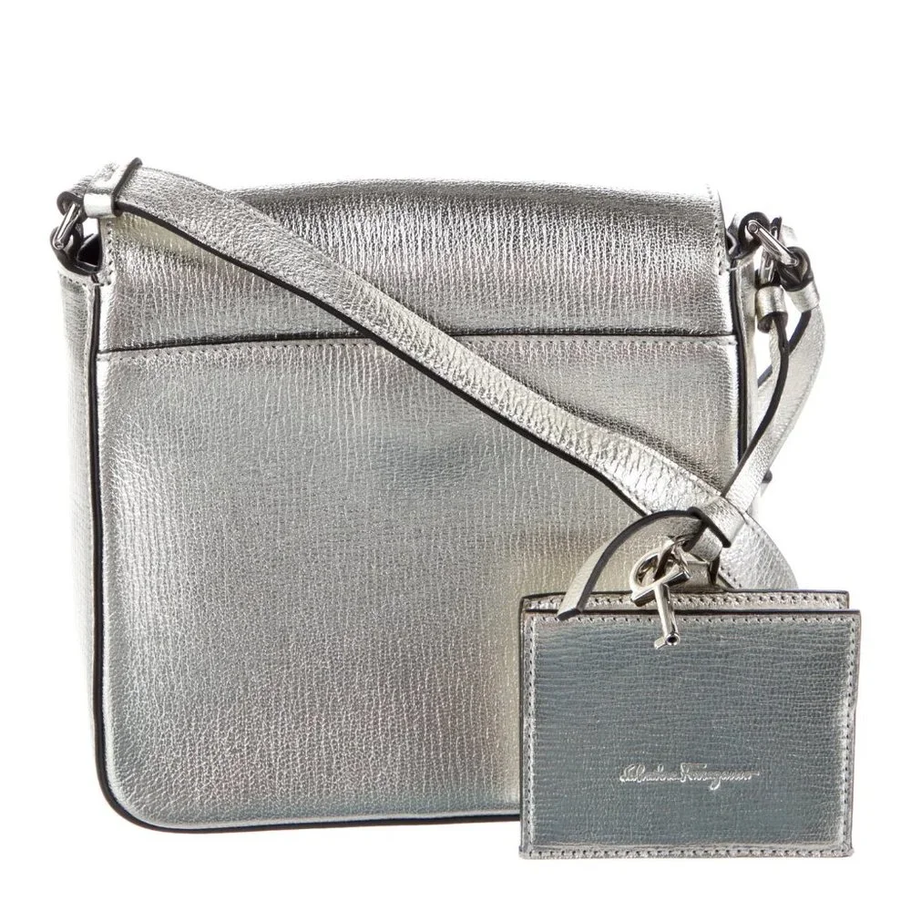 Salvatore Ferragamo Metallic Silver Leather Shoulder Grancini Flap Mini …